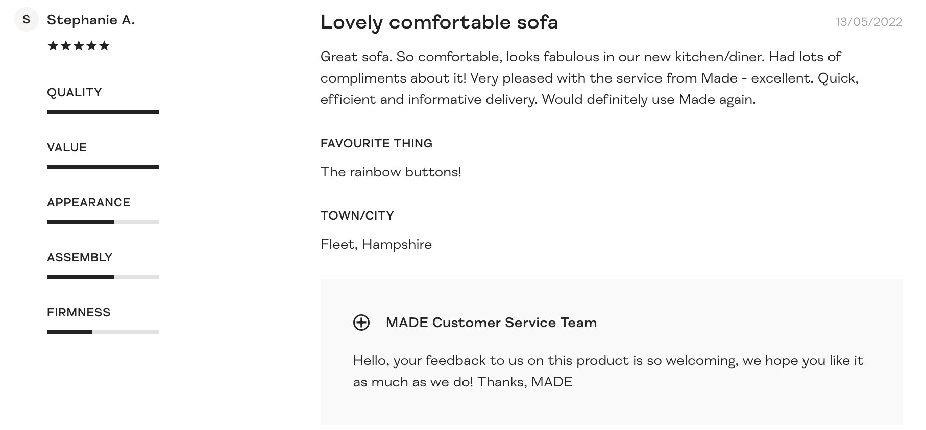 An example of a customer review for an online furniture retailer