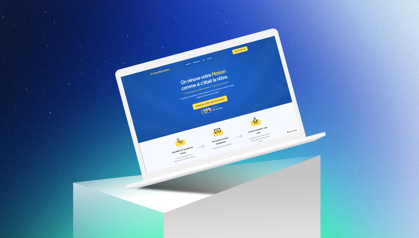 Création de site internet à la Réunion pour une entreprise de rénovation, affichée sur un ordinateur portable blanc en lévitation, avec une interface bleue moderne et des éléments graphiques clairs