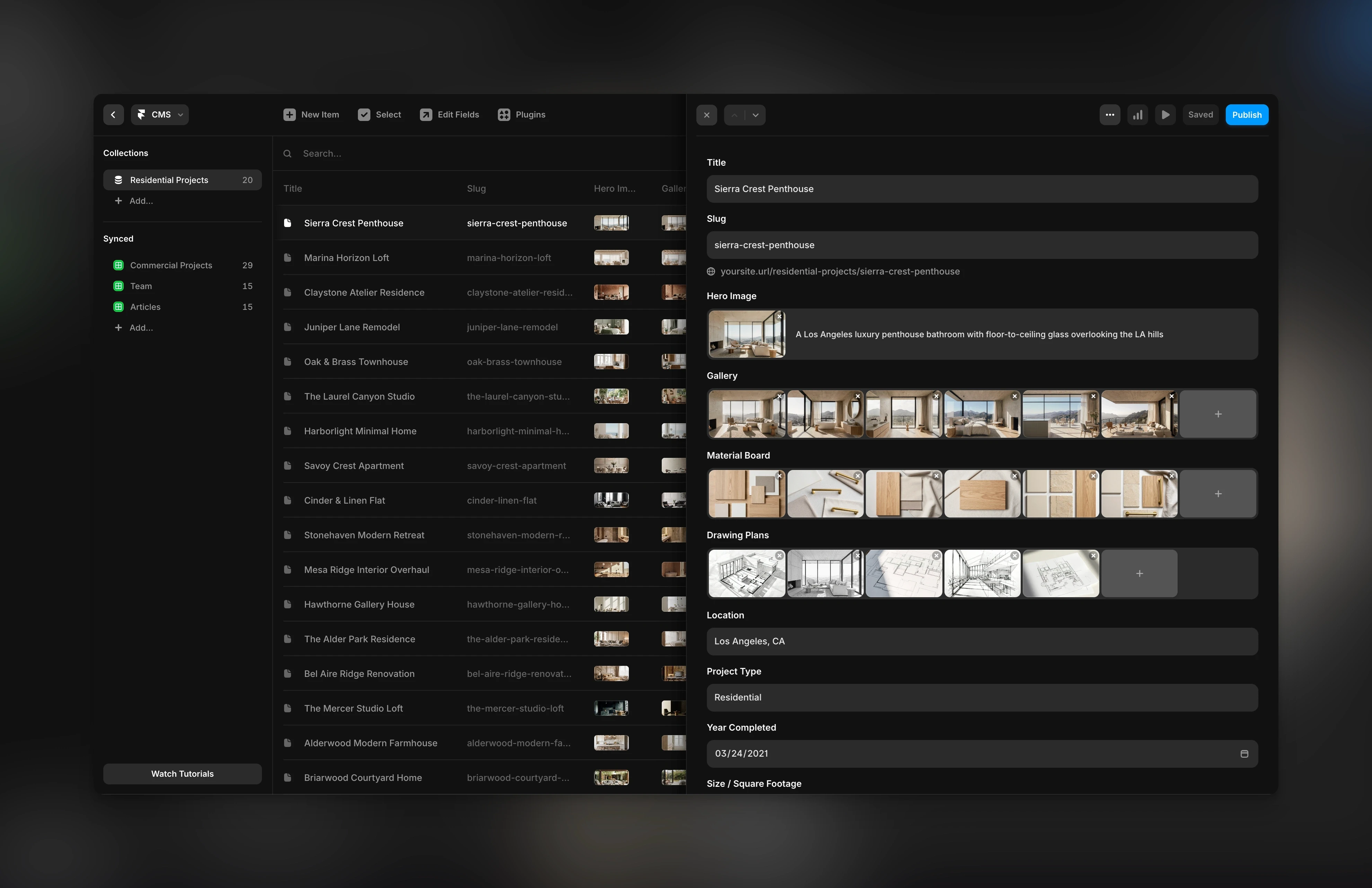 CMS interface displaying an interior design project with organized fields for hero images, galleries, material boards, and drawings inside a dark-themed dashboard.