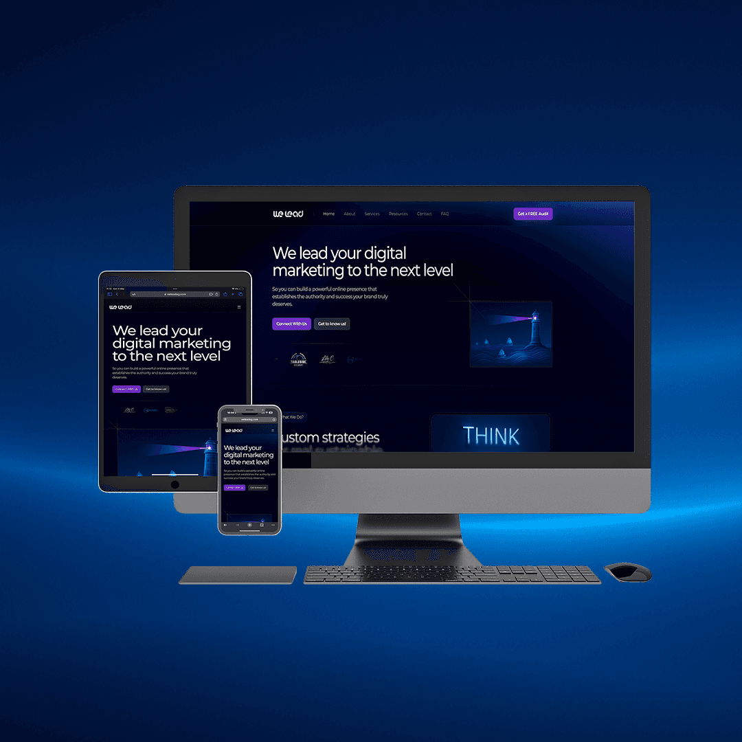 We Lead website design showcased on desktop, tablet and mobile devices with a modern dark theme and responsive layout aligned with brand identity.
