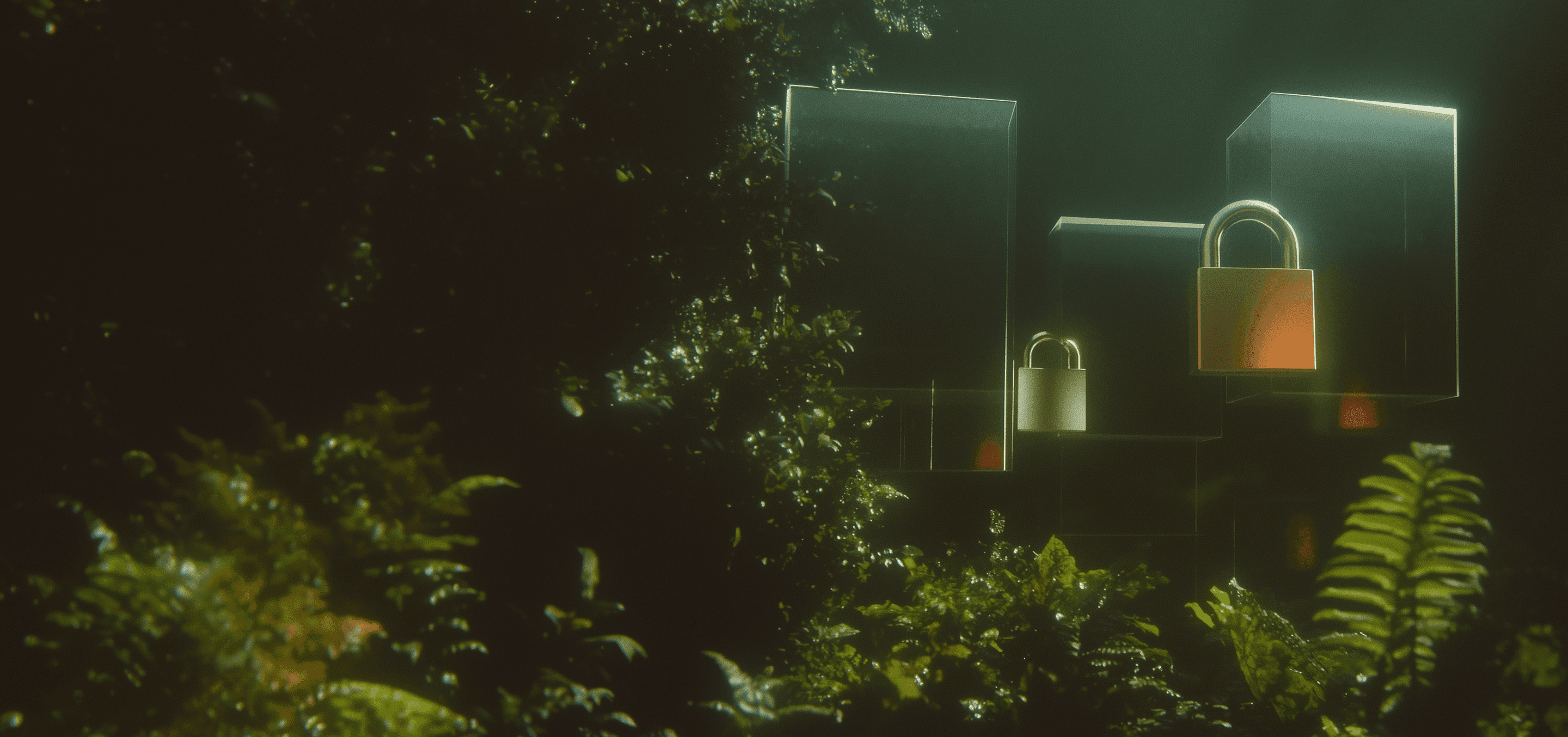 Conceptual art displaying padlocks and glowing portals inside a futuristic jungle.