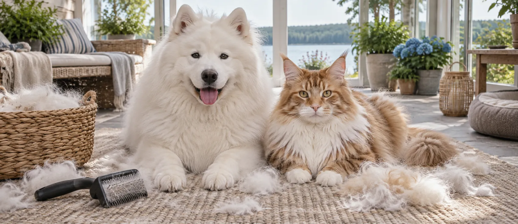 A Samoyed and a Maine Coon cat lie together on a rug surrounded by loose shed fur and a grooming brush.