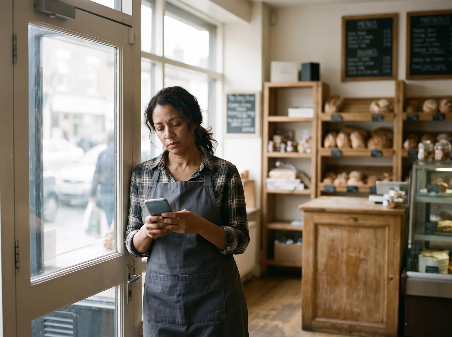 A woman in an apron stands by the entrance of a cozy bakery in Bradenton, FL, checking her phone with shelves of freshly baked bread and pastries in the background.