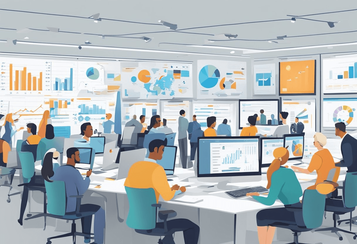 A bustling office with recruiters using AI tools, social media, and networking events to source candidates. A whiteboard displays data analytics and trends