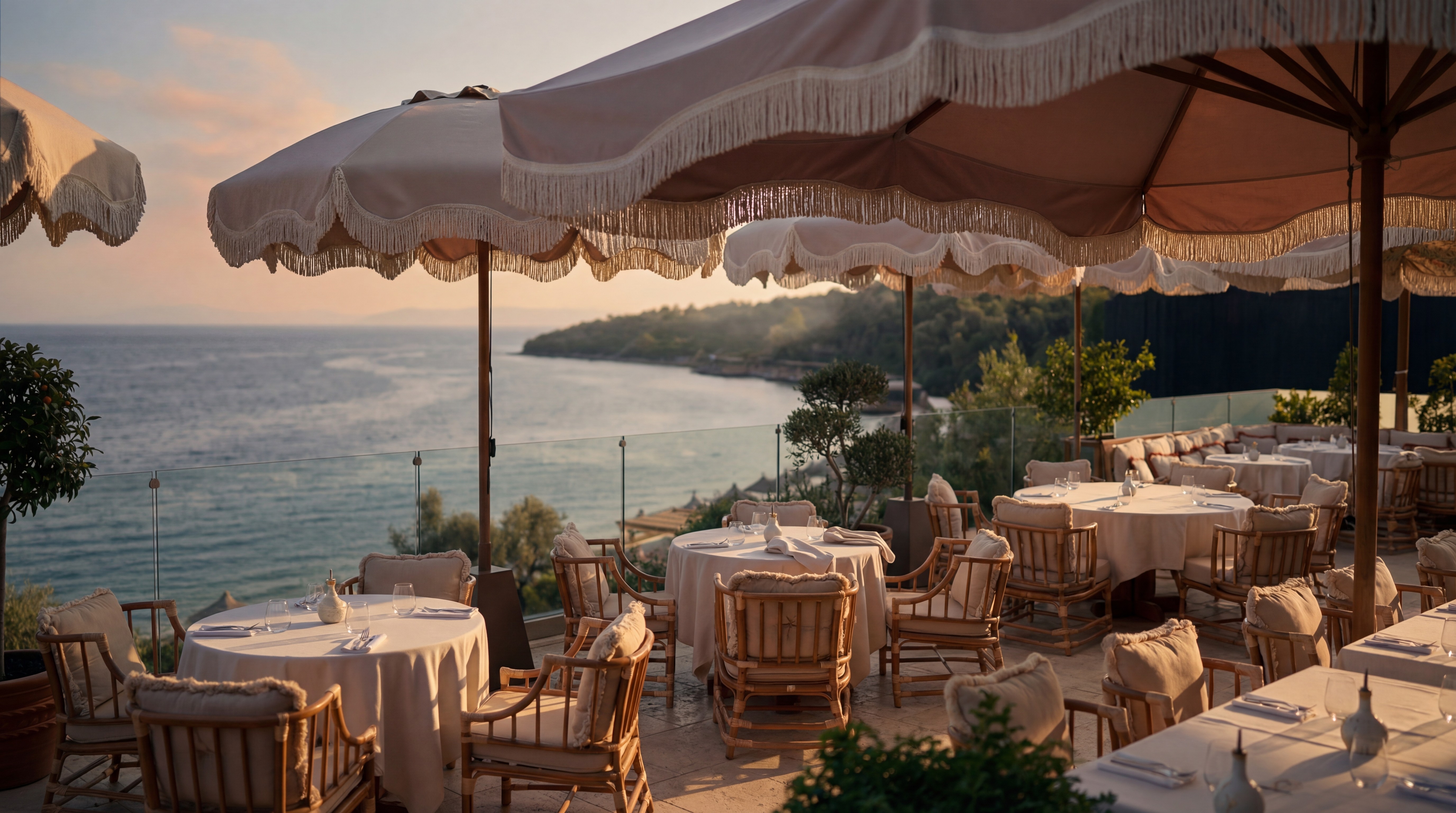 Gigi Rigolatto Mandarin Oriental Bodrum restaurant terrace overlooking the Aegean Sea at sunset