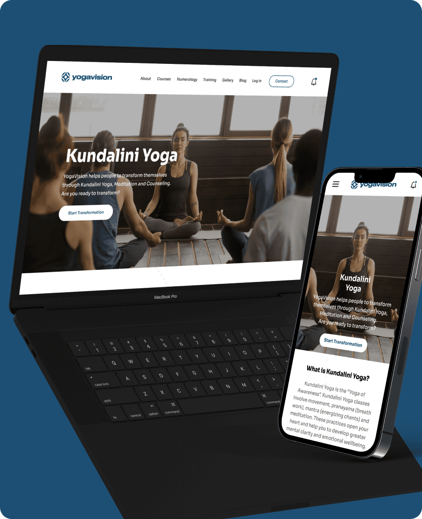 Responsive YogaVision website displayed on laptop and smartphone, showcasing Kundalini Yoga sessions in a calm studio setting.