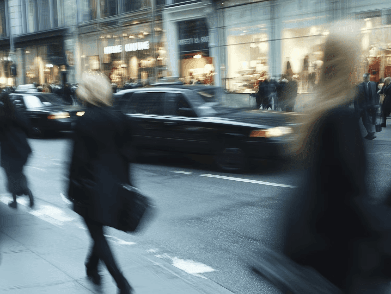 Motion blur of people and cars on a busy city street.