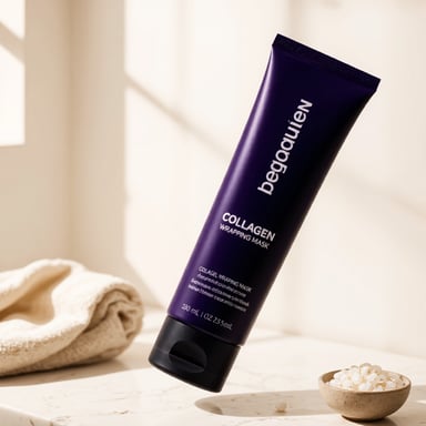product photography of tube of collagen wrapping mask