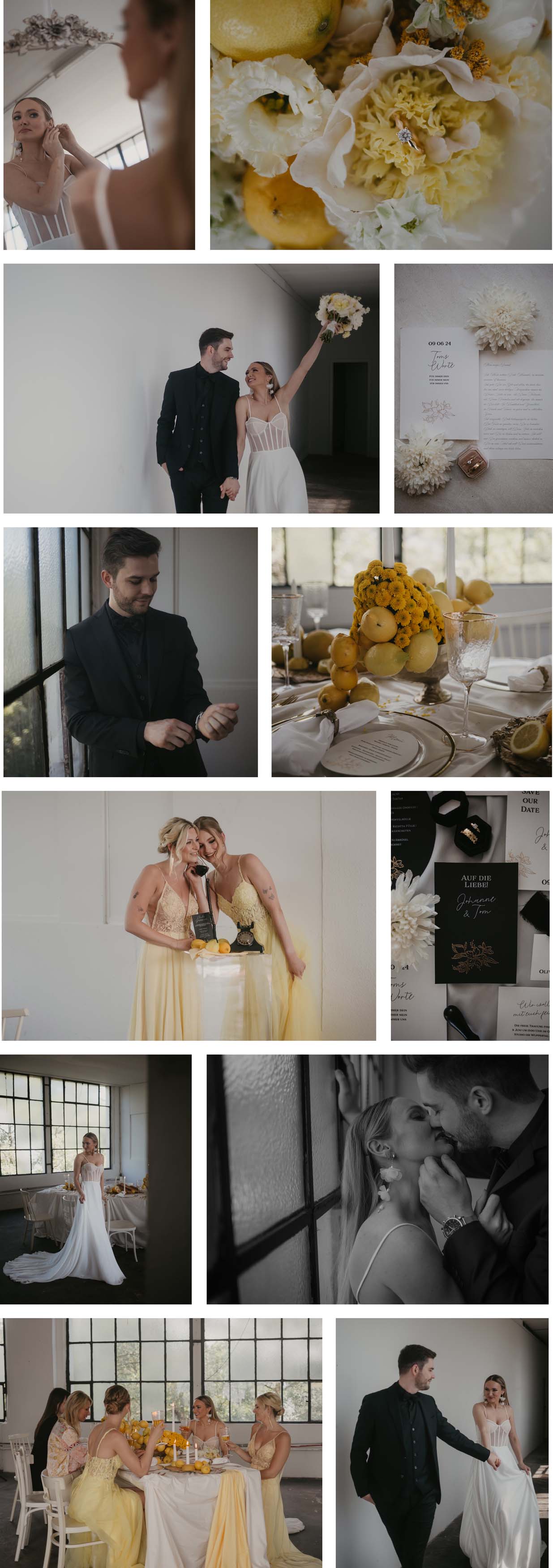 Collage einer Hochzeit im Stil Bella Italia mit Zitronen und knalligen Gelbtönen.