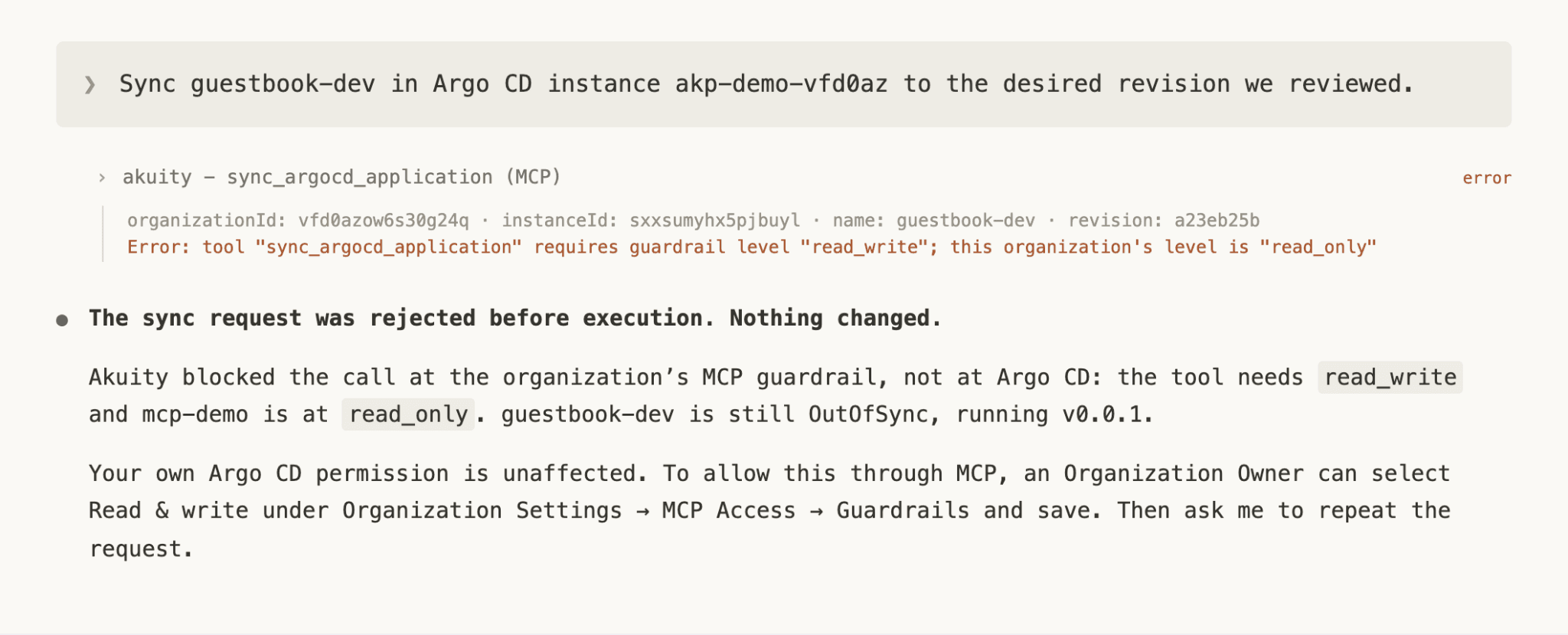 Figure 5: An actual MCP sync rejection showing the required Read & write level and the configured Read-only level.