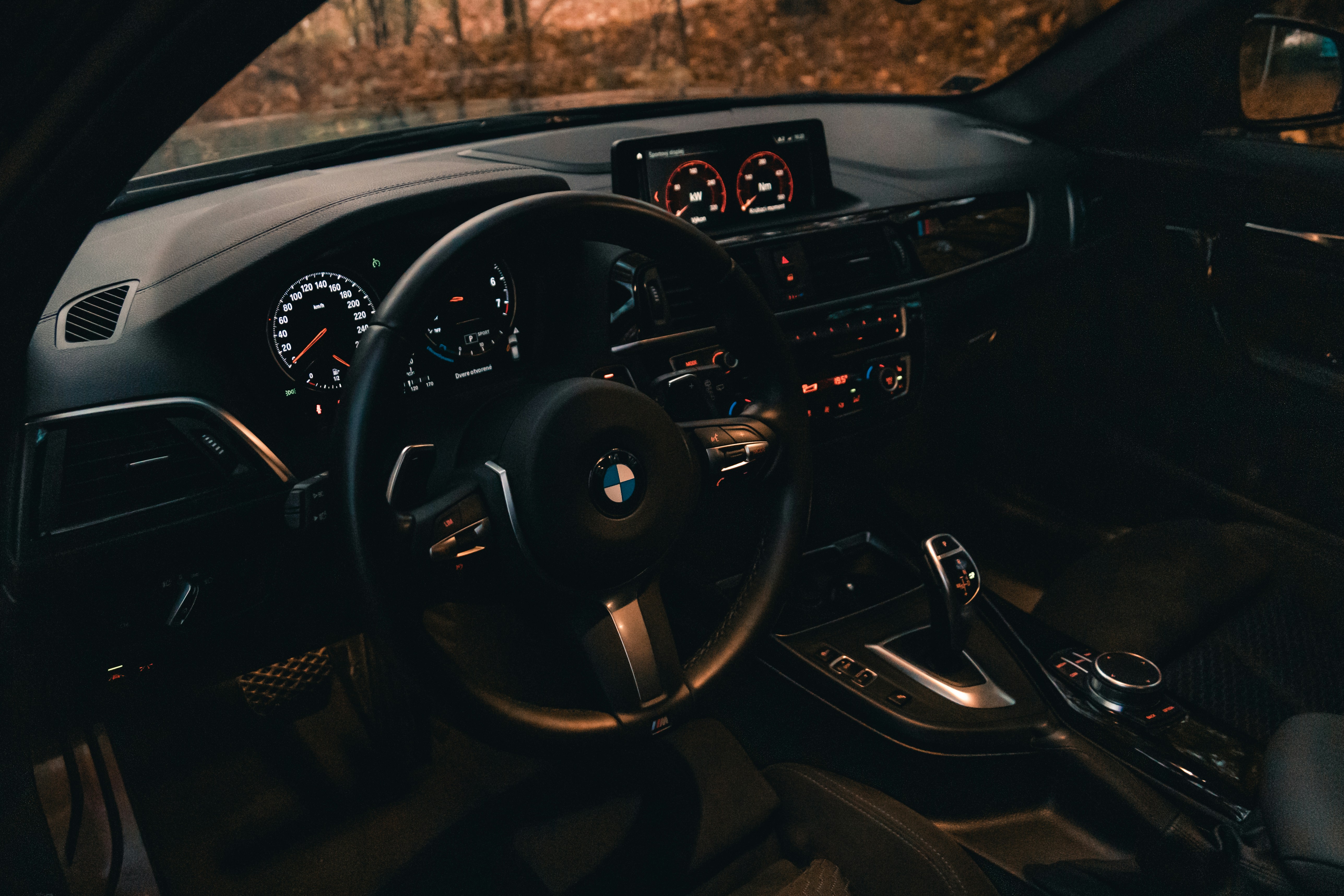 Driver seat view of a BMW dashboard and illuminated instrument cluster.