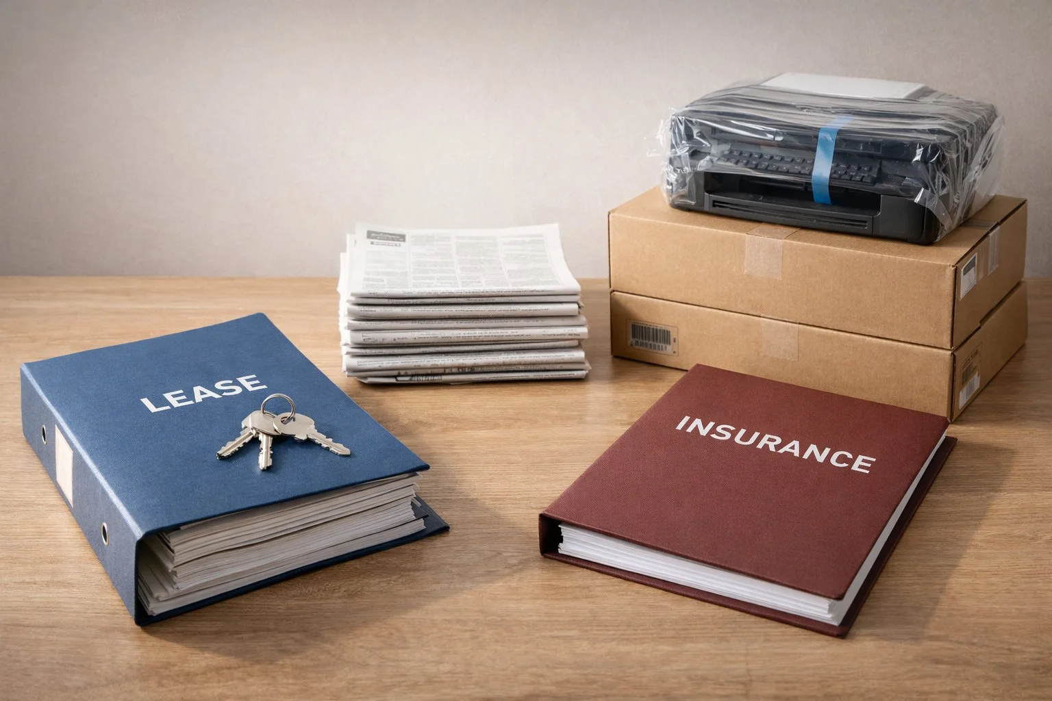 Tabletop scene showing major business costs, including a lease folder with keys, newspapers for marketing, boxed equipment, and an insurance document, arranged to emphasize financial weight.