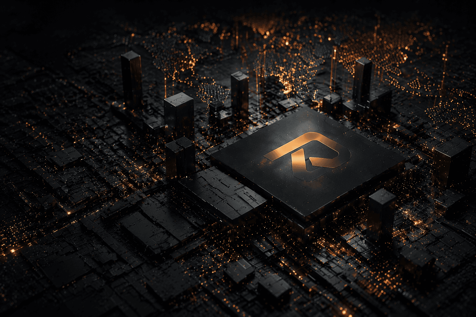 Dark futuristic 3D scene showing a glowing gold emblem embedded in a large central chip, surrounded by metallic tower-like structures and a dotted world map made of amber lights, suggesting global digital infrastructure and connected trade networks.