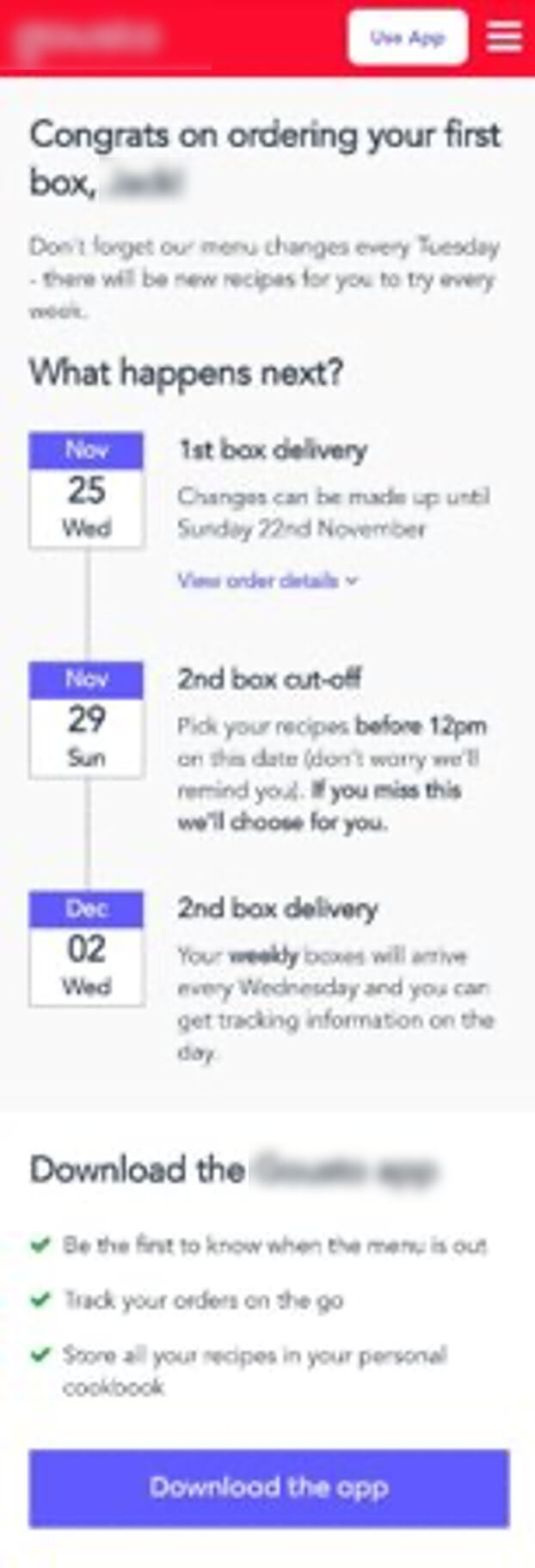 Order confirmation email showing meal box delivery dates and steps