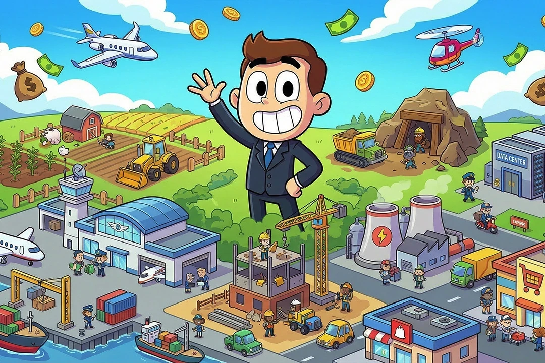 Cartoon tycoon city with factories, farms, and construction.