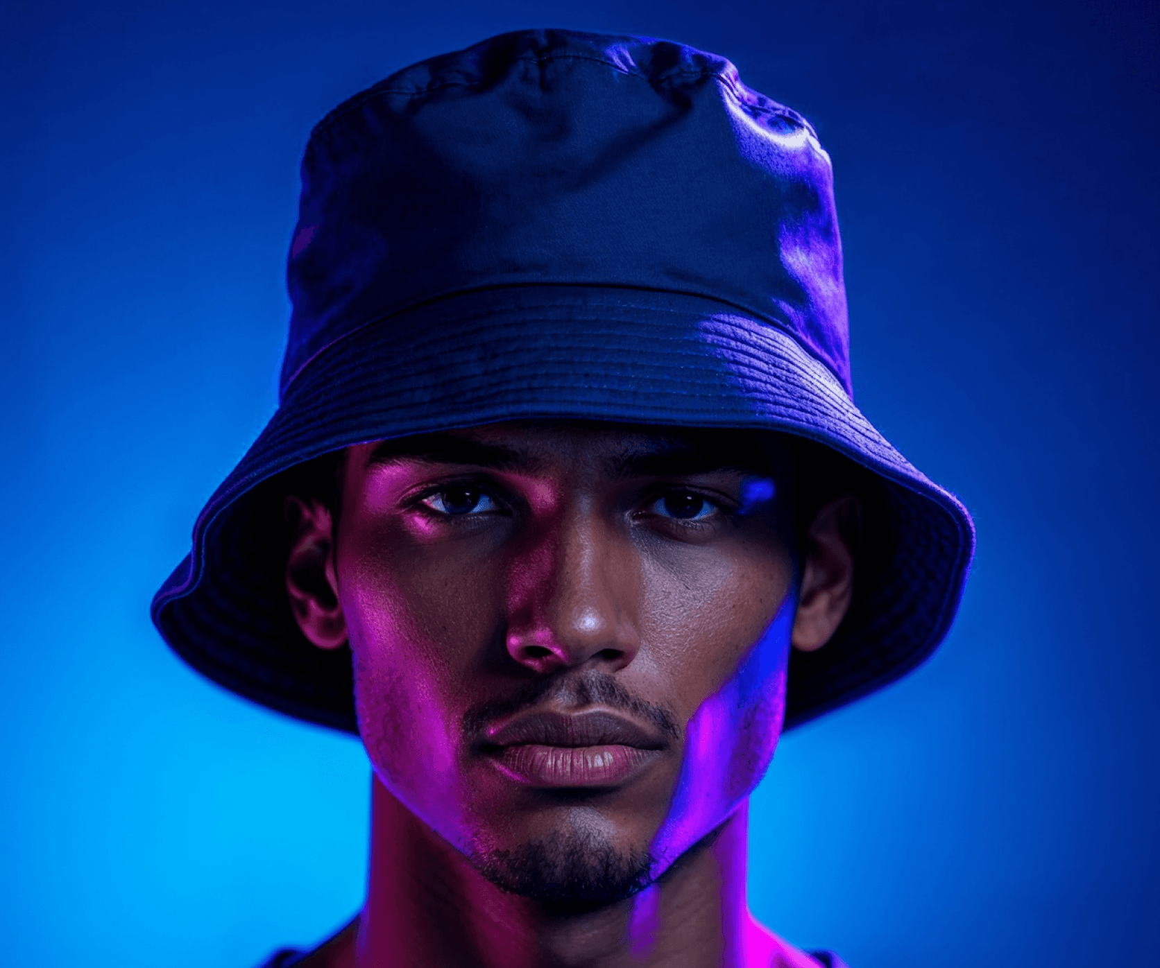 Portrait with bucket hat and neon light.