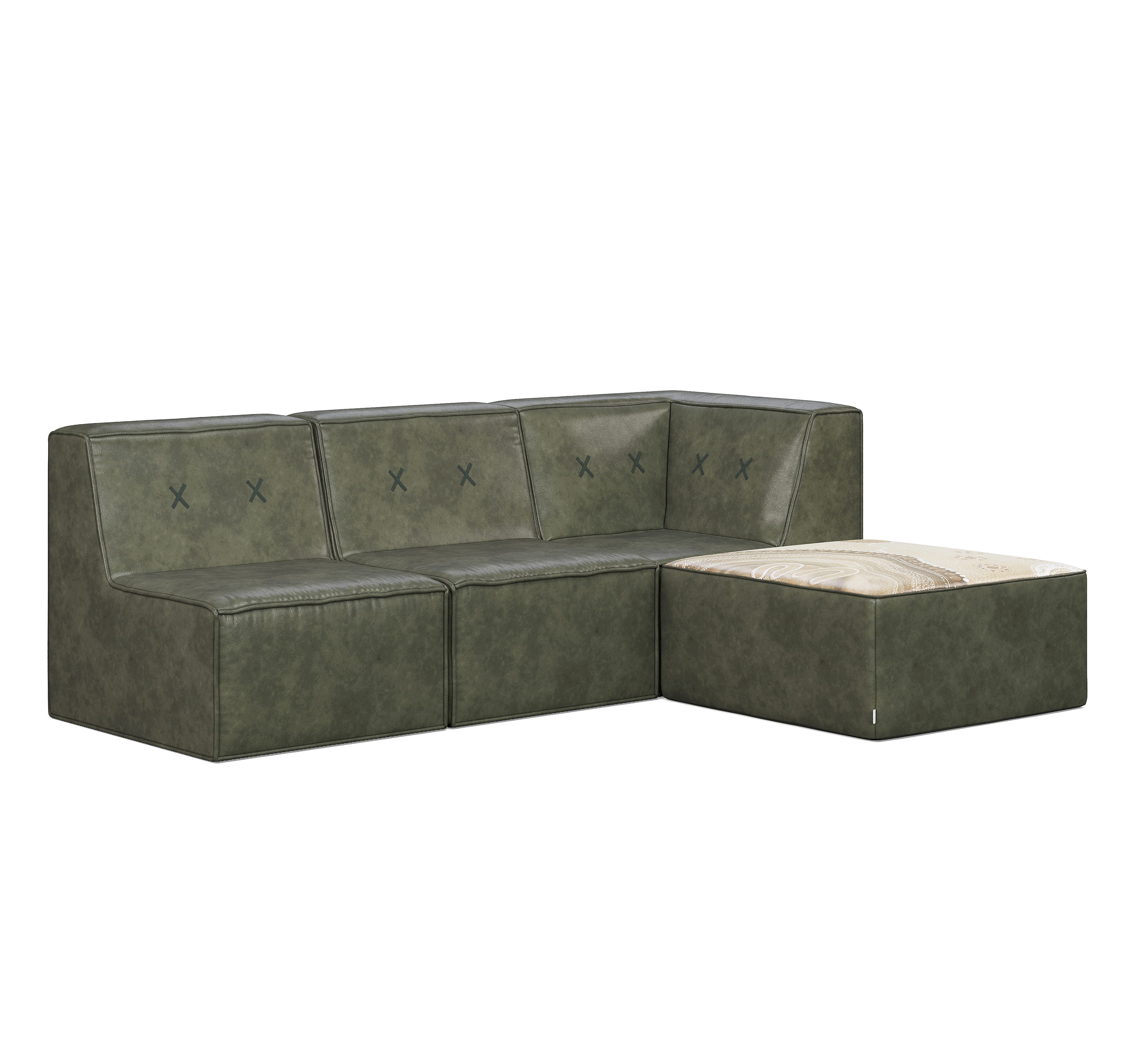 3D render of green modular corner sofa with L-shaped seating design
