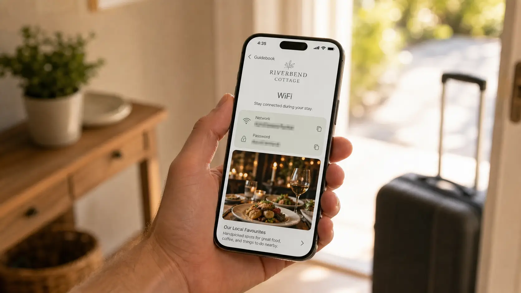 Guest holding a phone showing a digital guidebook at a sunlit doorway.