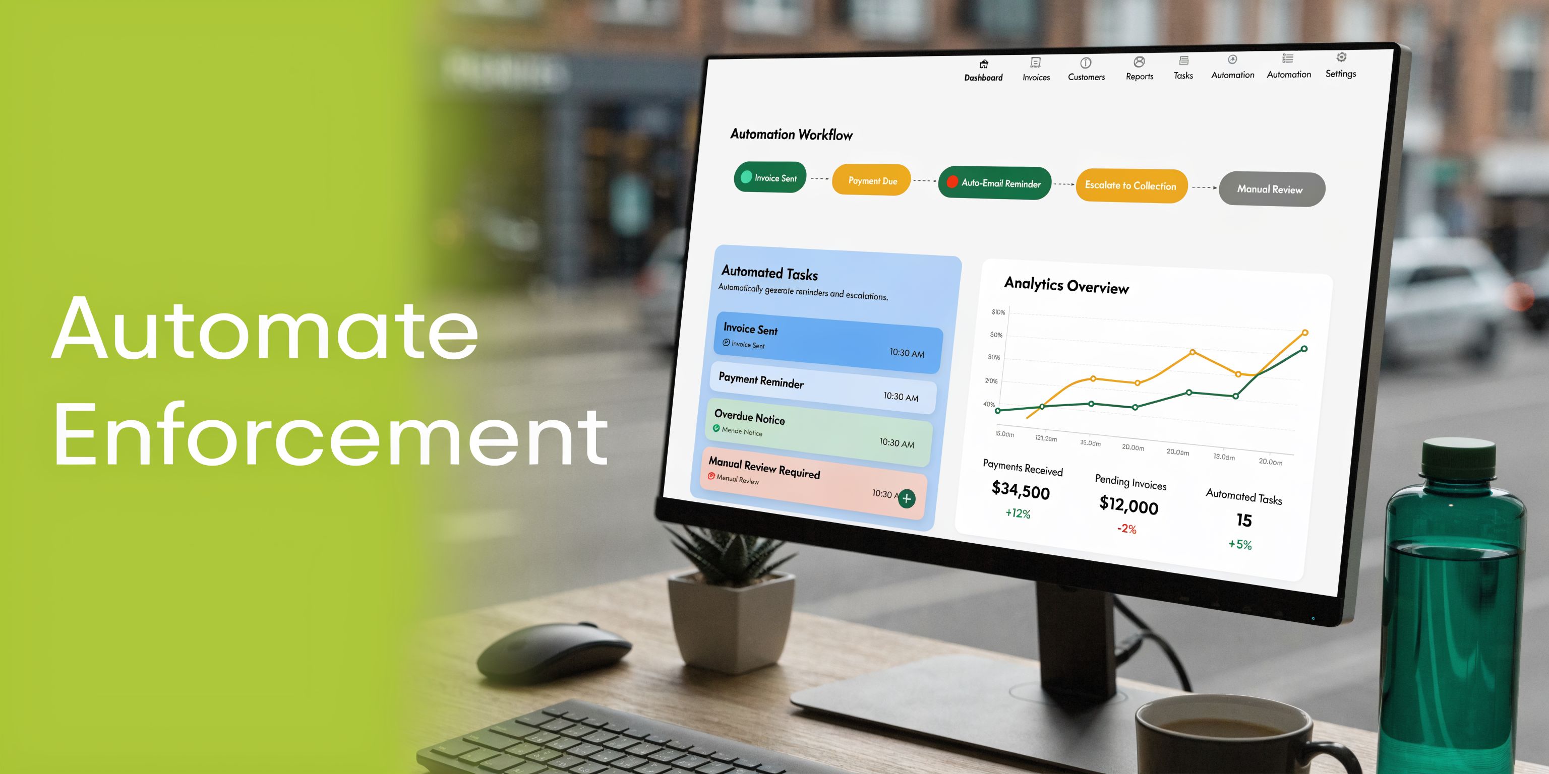 A modern computer monitor displaying an automated payment workflow and analytics dashboard on a clean office desk.