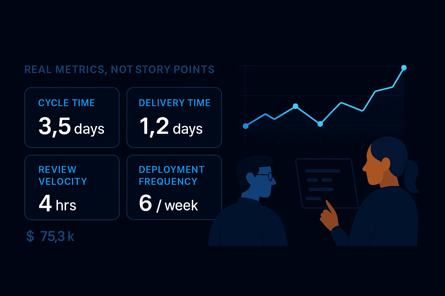 A dark-themed engineering dashboard illustrating Git-based developer productivity metrics — Cycle Time, Delivery Time, Review Velocity, and Deployment Frequency — replacing Jira story points, with two developers analyzing the data on screen.