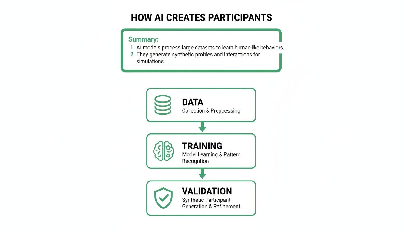 Flowchart detailing how AI creates participants, including data collection, model training, and synthetic participant validation.