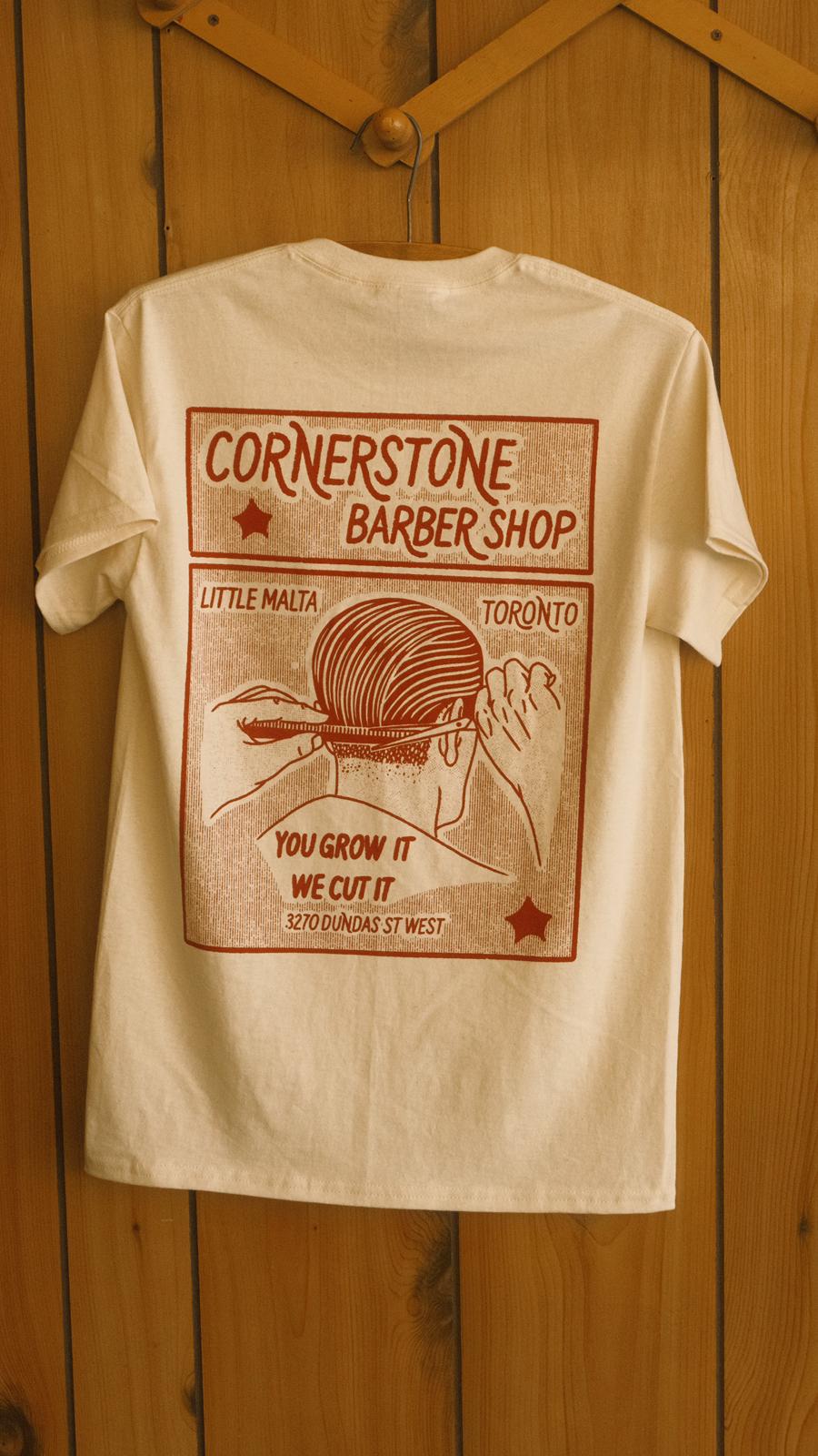 Cornerstone Barber Shop graphic tee in white with red print