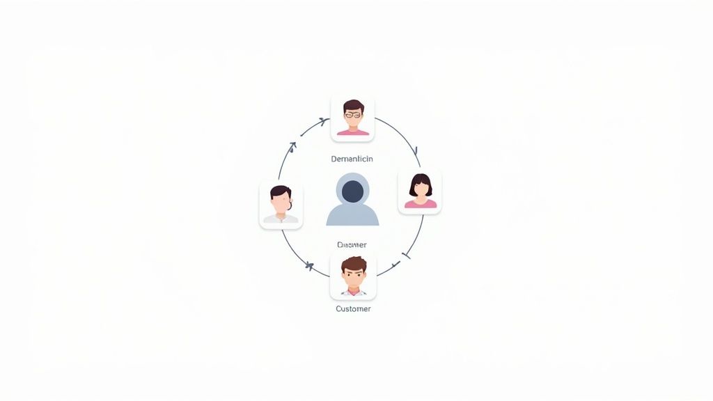 Diagram illustrating customer engagement with various staff members in a circular process.