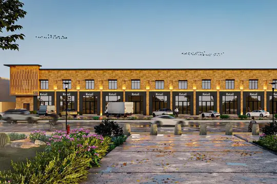 تصميم مجمع العضيبي السكني التجاري بحي المنصورية بالرياض: واجهة المعارض التجارية — من أعمال أركان العز