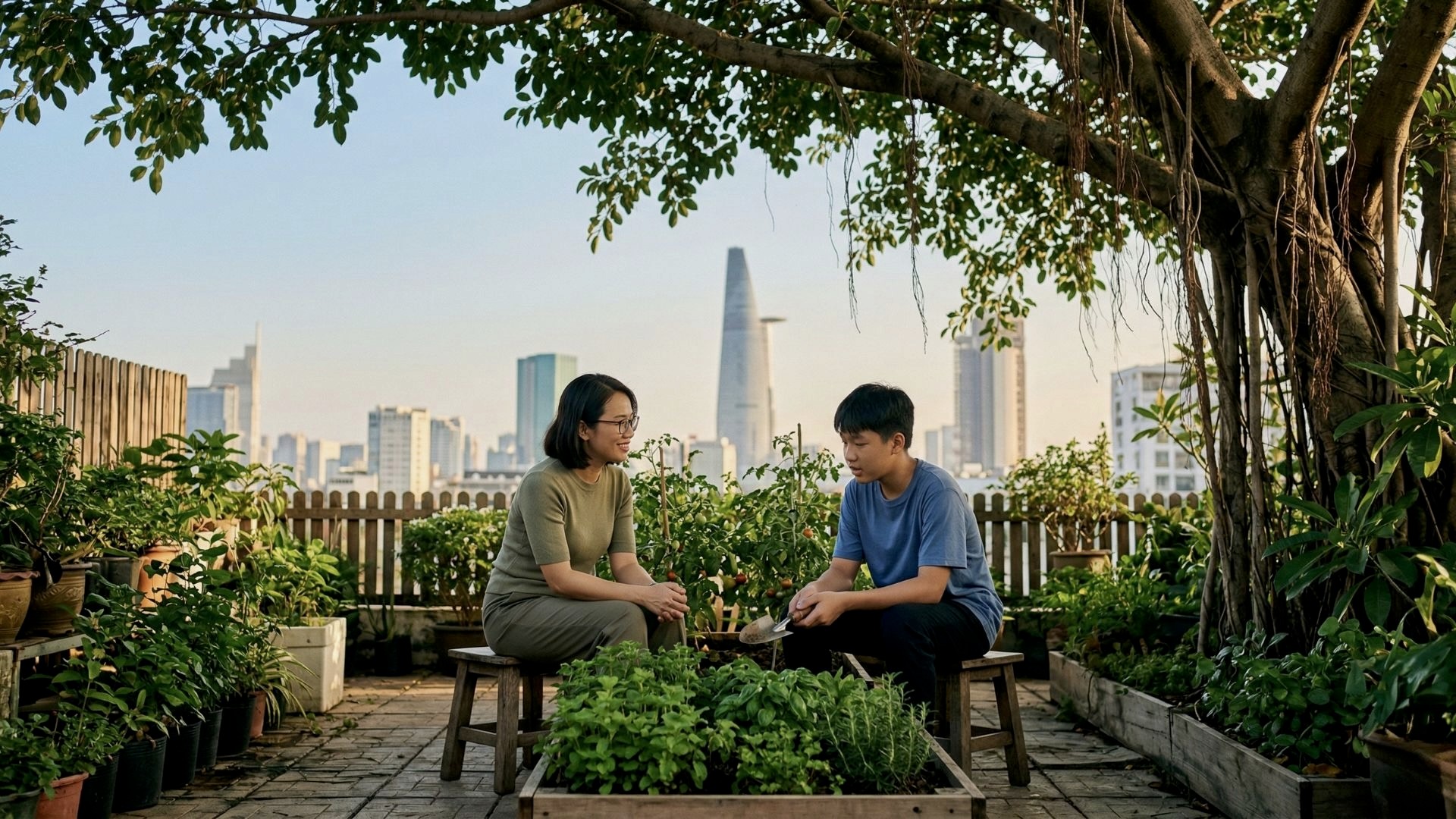 A Vietnamese adolescent boy and a female therapist with glasses are sitting together on stools and mindfully tending to potted plants in a lush rooftop garden in Thao Dien, District 2, HCMC, at sunrise. The Bitexco Financial Tower and HCMC skyline are softly visible in the background. The image represents personal growth, resilience, safe communication, and the 'peace within the chaos' of the city, symbolizing a restorative adolescent therapy environment.