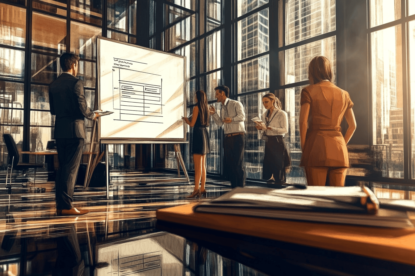 A professional business meeting in a modern office with large windows overlooking a city skyline. A presenter in a suit stands at a whiteboard, explaining a chart or diagram to a group of attentive colleagues. 