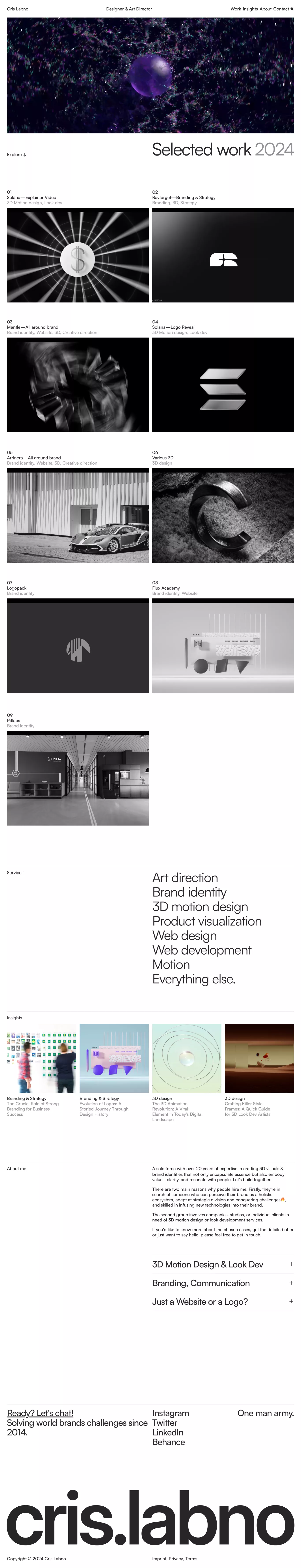 Cris Labno - 3D motion & Brand designer portfolio page screenshot showcasing Design and Tech design