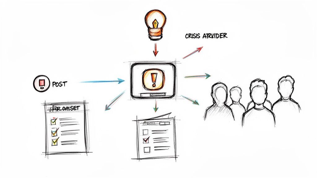 Diagram illustrating a social media crisis management flow, from triggers to central alerts and team response.