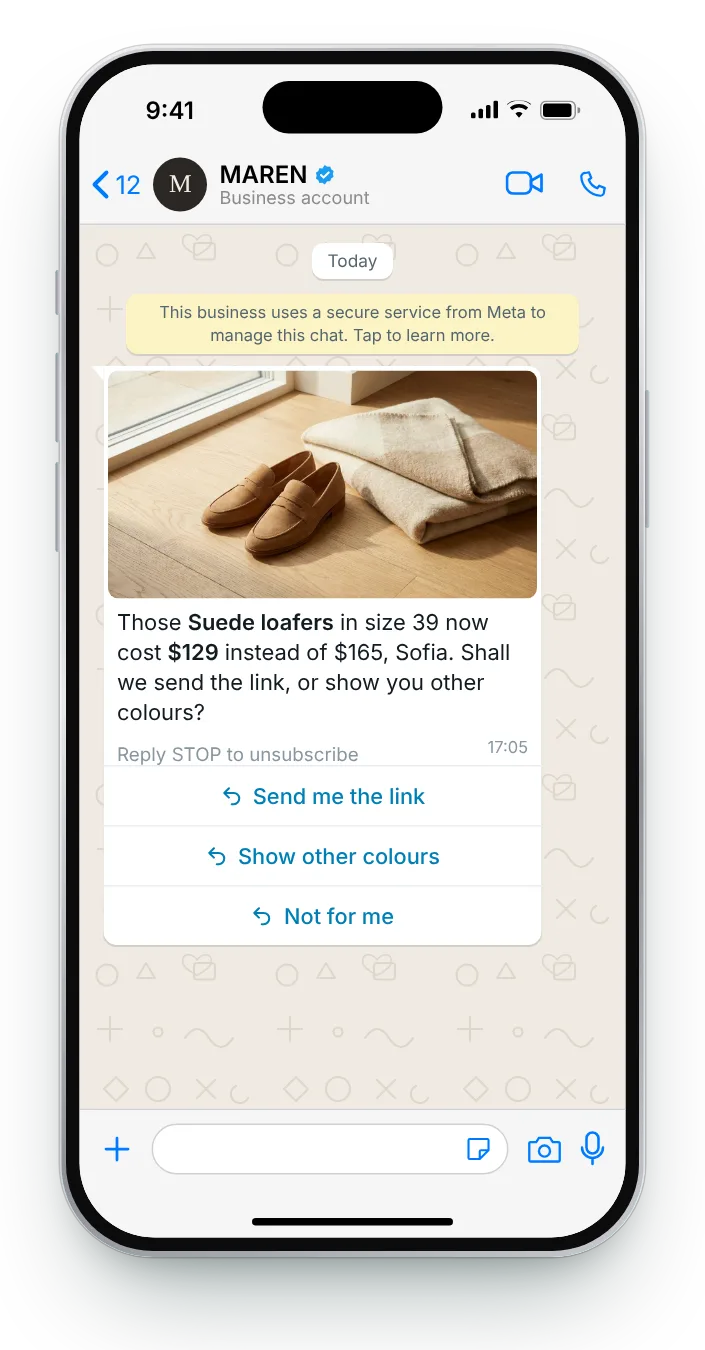 Their size, for less, with a choice of replies: WhatsApp price drop message on an iPhone