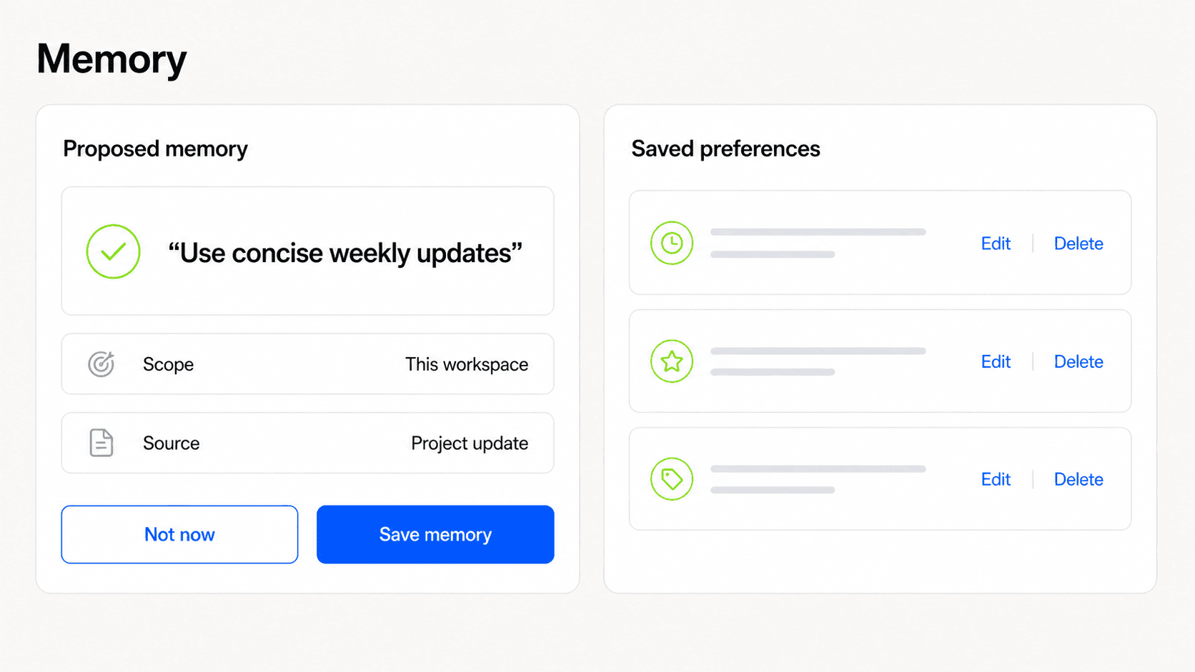 Memory centre with proposed memory, scope, provenance, edit, and delete controls