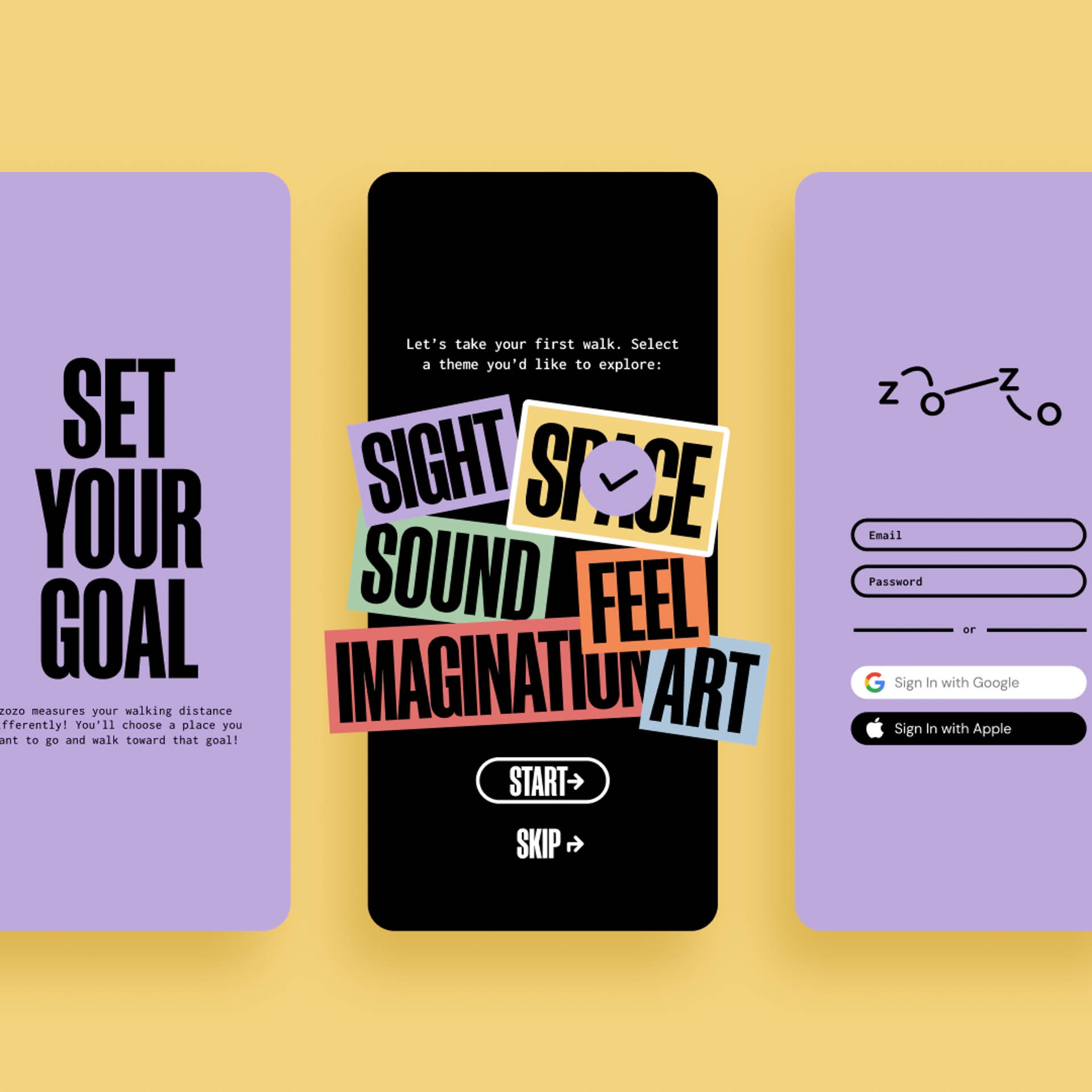 The image shows a mobile app interface with a black central panel featuring the text "Let’s take your first walk. Select a theme you’d like to explore:" surrounded by colorful, hand-drawn illustrations of words like “SIGHT,” “SOUND,” “FEEL,” and “IMAGINATION.” Below the central panel are two purple panels: one with the text “SET YOUR GOAL” and the other with a “START” button and a “SKIP” button. A light purple circle with a checkmark is next to the central panel. To the right, a light purple panel displays a Google sign-in button, a password field, a “Sign In with Apple” button, and a “Sign in with Google” button.
