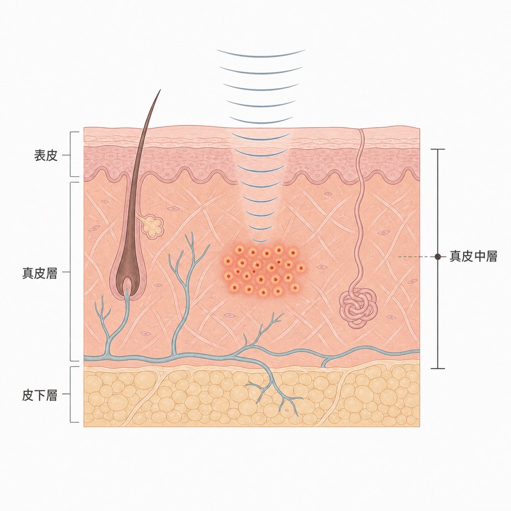 超聲能量聚焦於真皮中層的深度