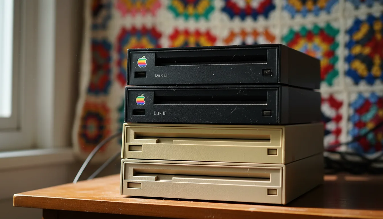 DSLR photography, a close-up shot of vintage 1980s computer hardware, focusing on a stack of four external 5.25-inch floppy disk drives, including two black Apple Disk II drives with the iconic rainbow apple logo, showing slight signs of age and wear. The scene is lit with soft, natural daylight, creating a nostalgic mood. A very shallow depth of field keeps the drives in sharp focus while the background, featuring a colorful crocheted blanket, is rendered in a smooth, creamy bokeh.