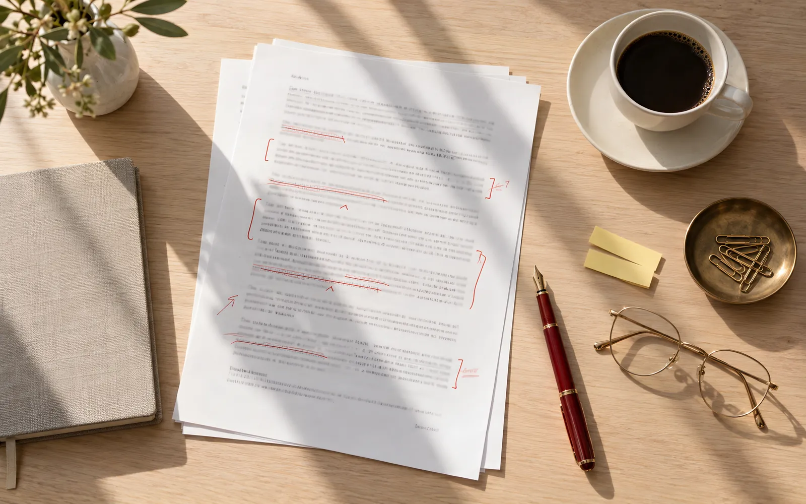 A printed contract with red-pen edits on a pale oak desk, with reading glasses and a cup of coffee