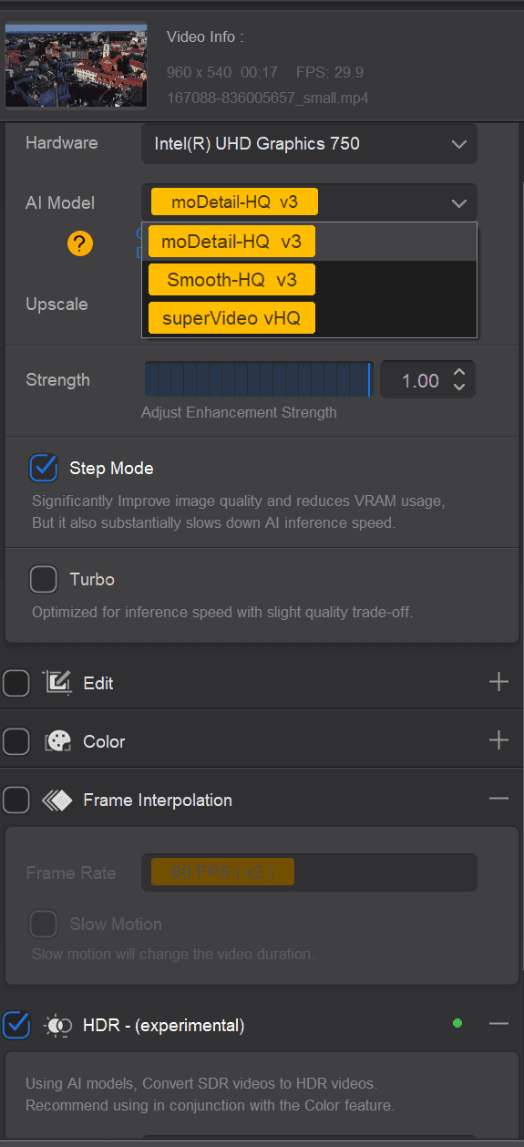 Aiarty video enhancer tool menu