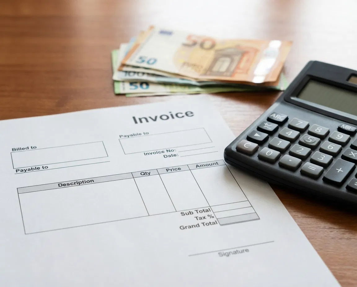 Close up of an invoice with a calculator and euro notes