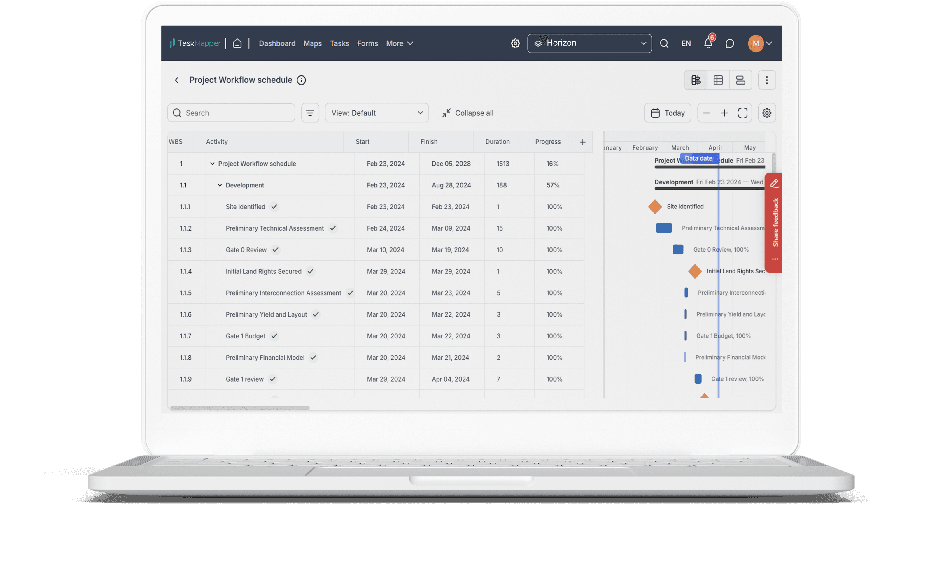 Project Management module on TaskMapper showing the development workflow schedule