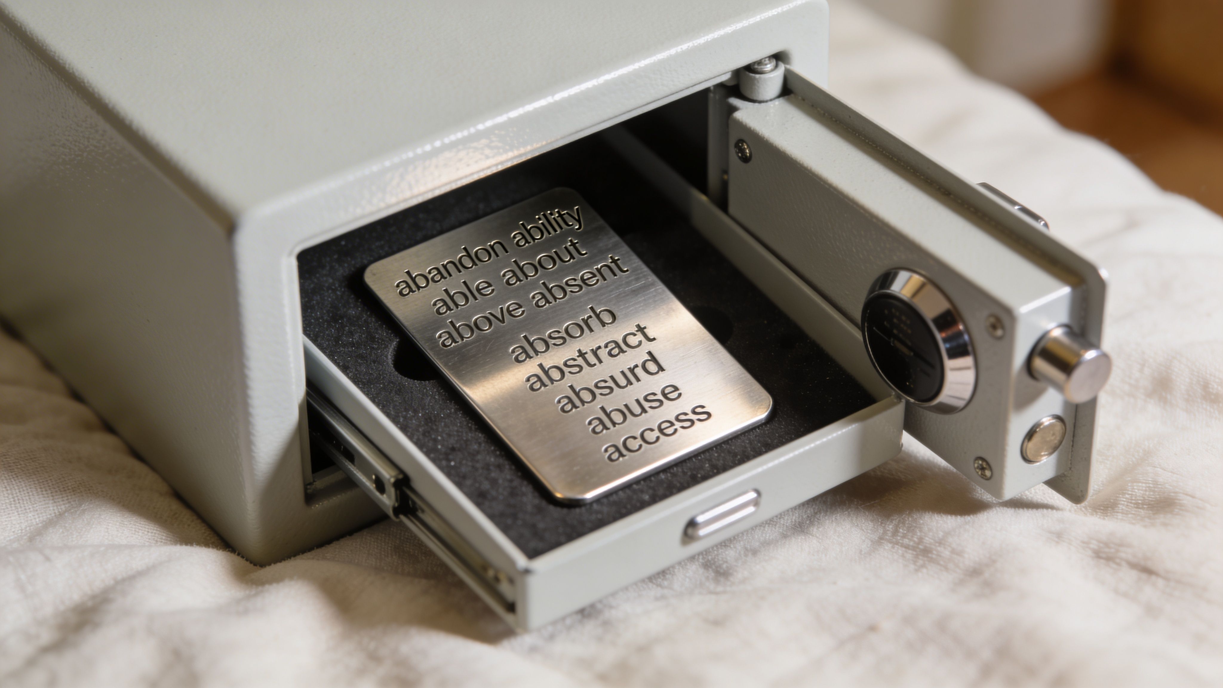 A steel recovery plate featuring a list of BIP-39 mnemonic seed words inside an open security safe.