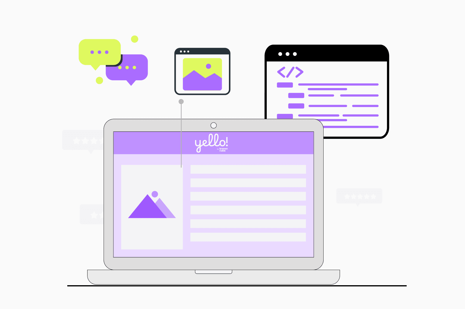 Computer illustration on the Yello! blog with chat, programming elements, and images