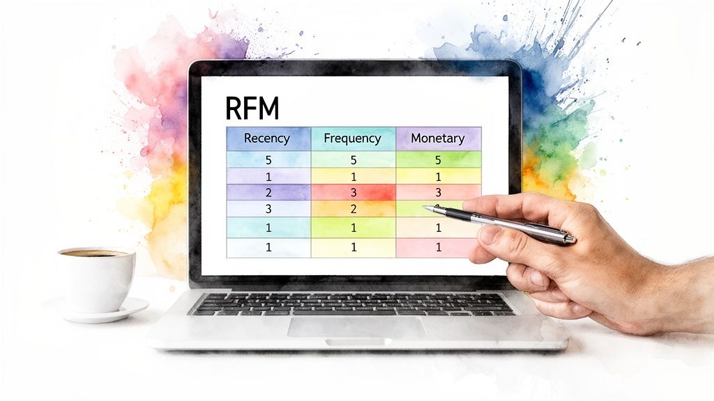 A hand points at an RFM customer segmentation table displayed on a laptop screen with a coffee cup nearby.