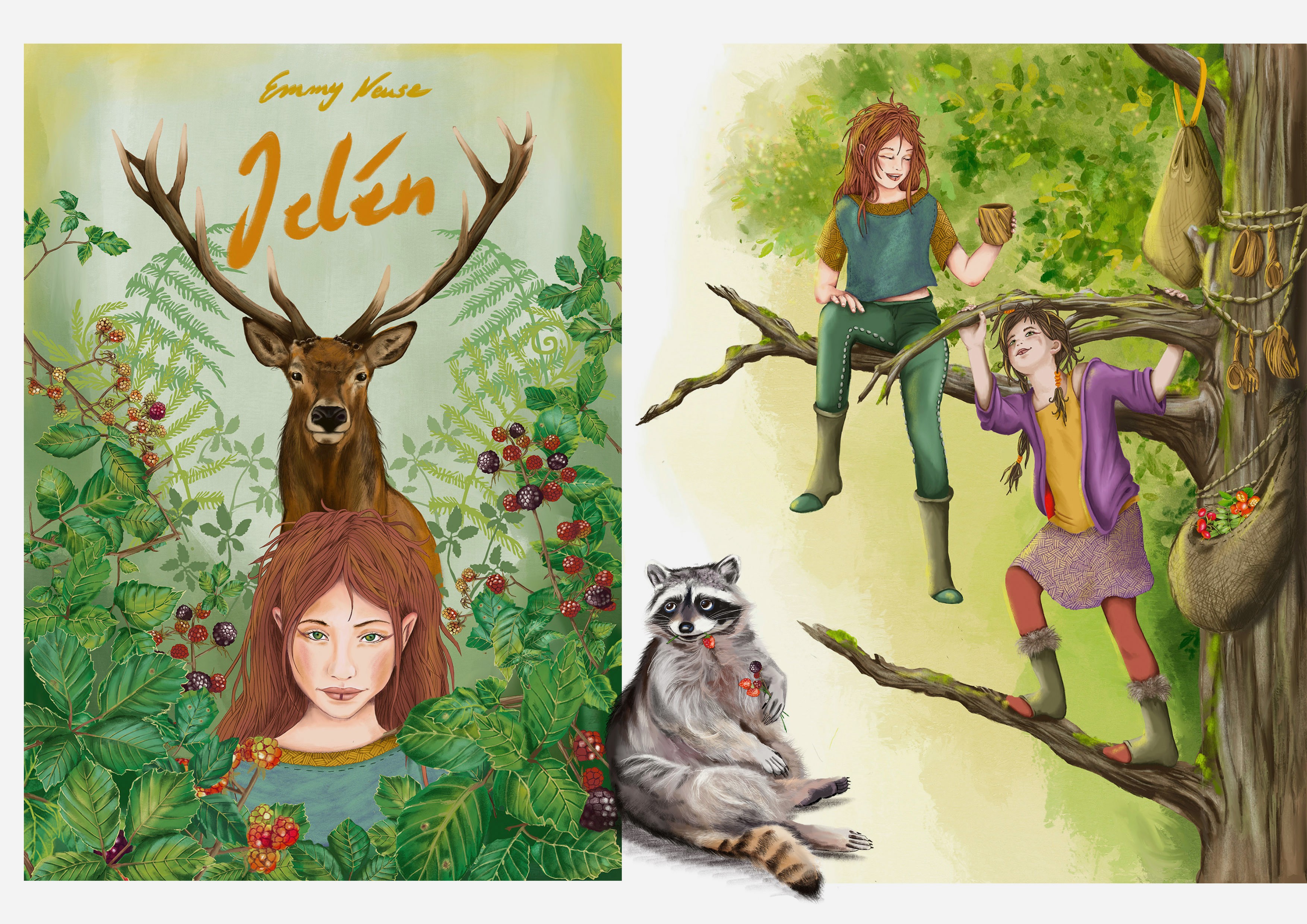 Ein Mädchen zwischen Brombeerranken, hinter ihr steht ein Hirsch. Vorne ist ein Waschbär. daneben zwei Mädchen in einem Baum