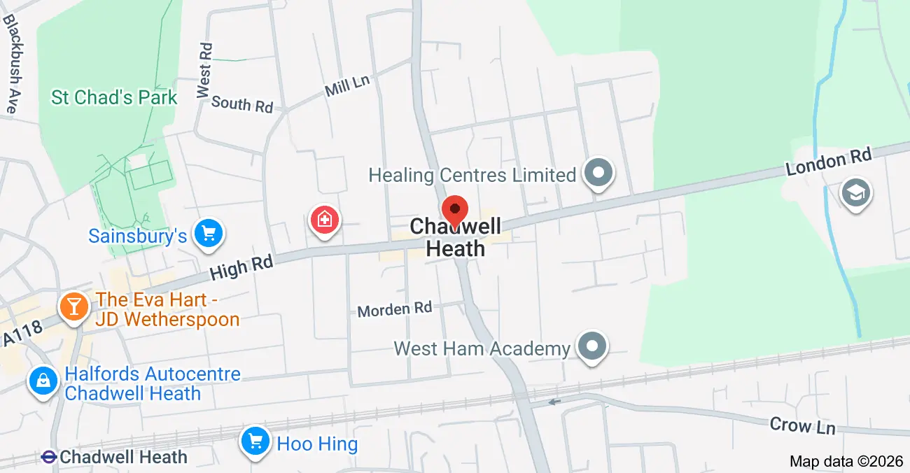 Map showing Chadwell Heath with landmarks