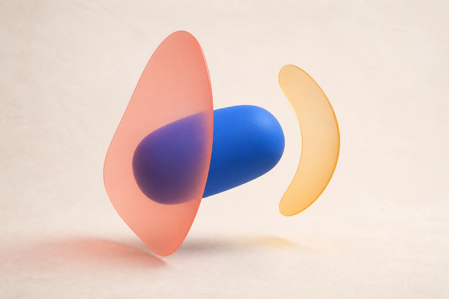 A calm cobalt form passes through separate coral and amber translucent thresholds.