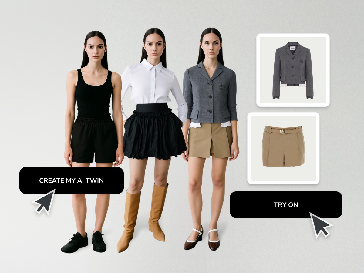 Avatar of a woman dressed in three different outfits accompanied by e-commerce website attributes
