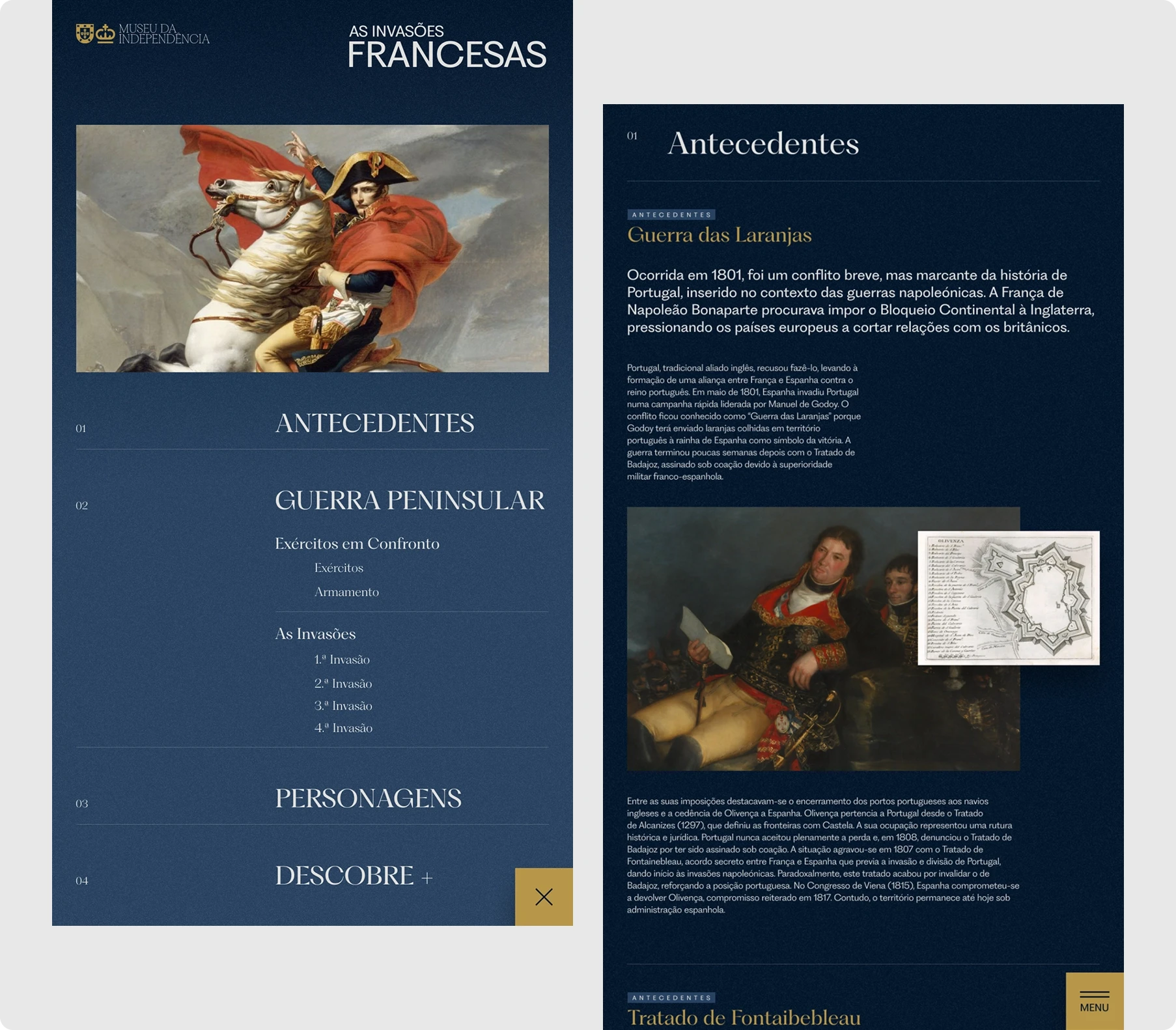 Página digital em azul-marinho sobre as Invasões Francesas: pintura de Napoleão a cavalo, textos históricos, mapa e menu de antecedentes.