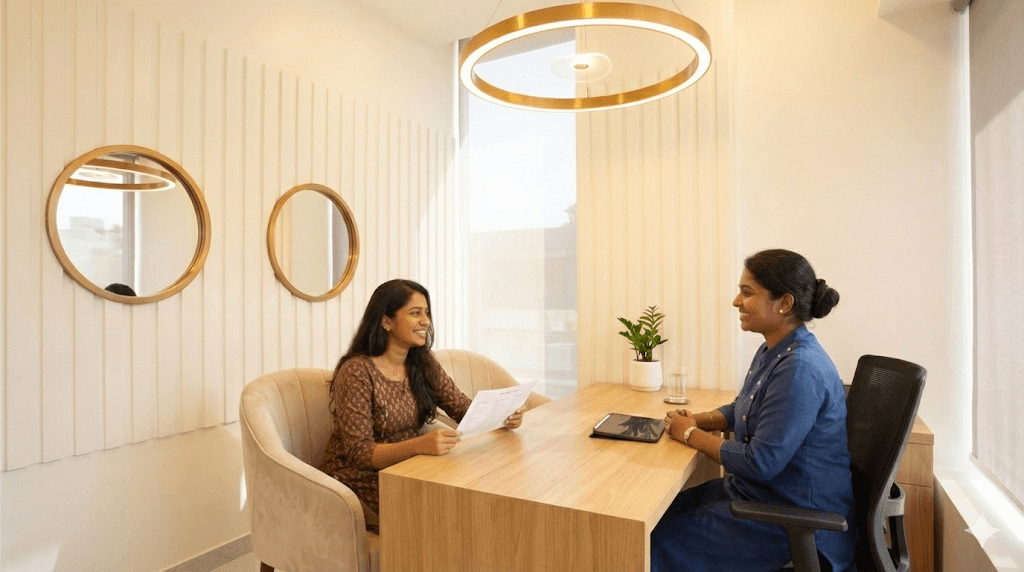 A happy patient sitting in the consultation area, looking relaxed and satisfied with their treatment plan.